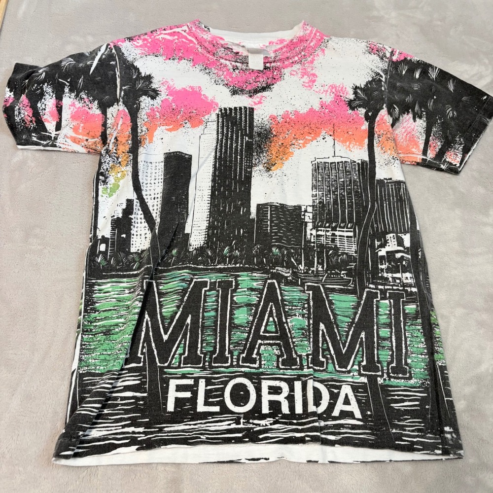 90s Vintage Cotton Graphic Miami Florida T-Shirt Multi‎ size M Neon Skyline